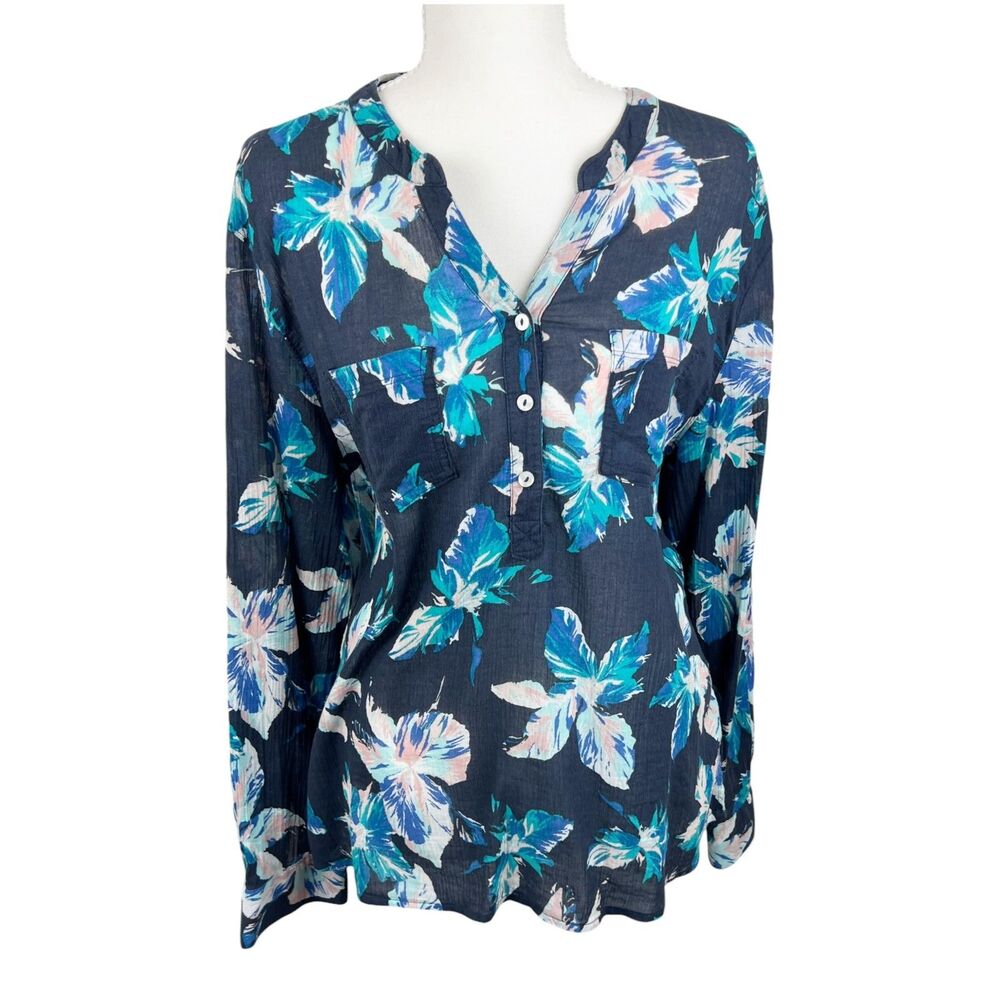 Carve Designs Blouse Women Medium Blue Floral Organic Cotton Henley Roll Tab